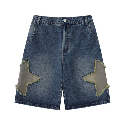 Blue Star Embroidery Straight Casual Men Shorts Summer New Wide Leg Loose Hip-hop Fashion Youth Streetwear Denim Shorts