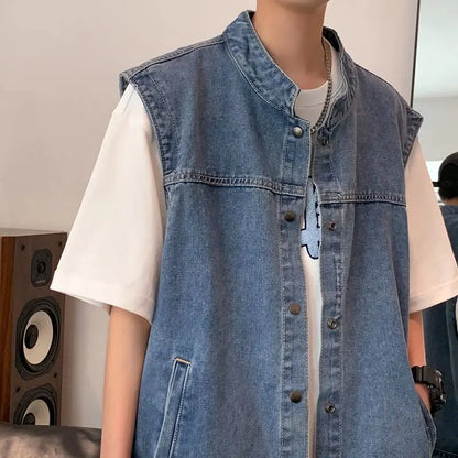 saferido Denim Sleeveless Jacket Men Fashion Oversized Harajuku Denim Jeans Casual Jeans Waistcoat Cowboy Hip Hop Streetwear Clothing