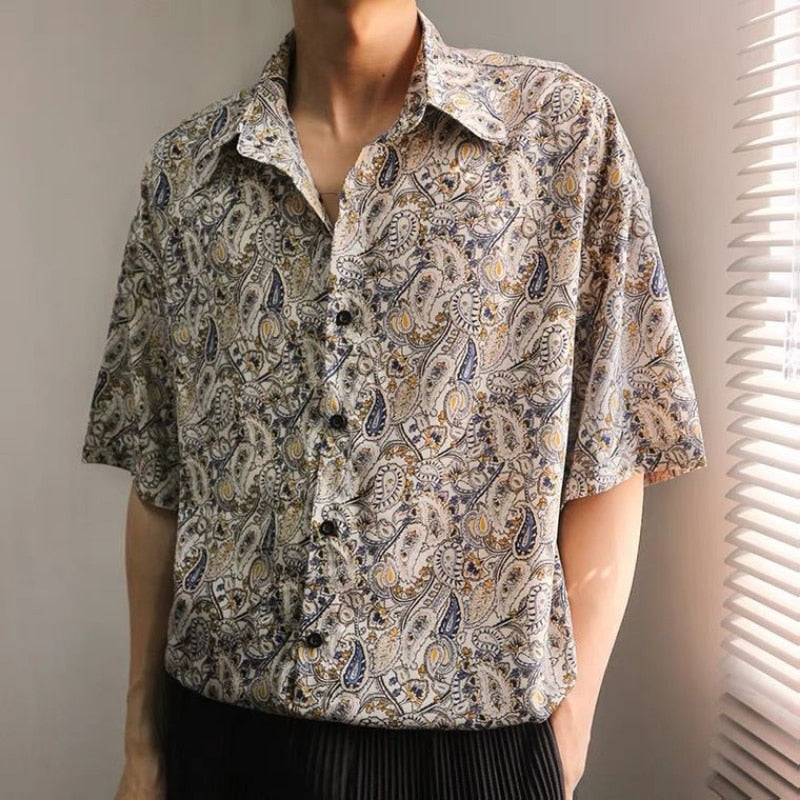 Korean Fashion Cashew Floral Shirts Mens Short Sleeve Chiffon Dropped Loose Casual Retro Half Sleeve Hawaiian Shirts for Men