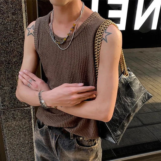 Vintage Striped Ribbed Tank Tops Men Streetwear Fashion Solid Color O Neck Sleeveless Vest For Mens Summer Casual Slim Camisoles