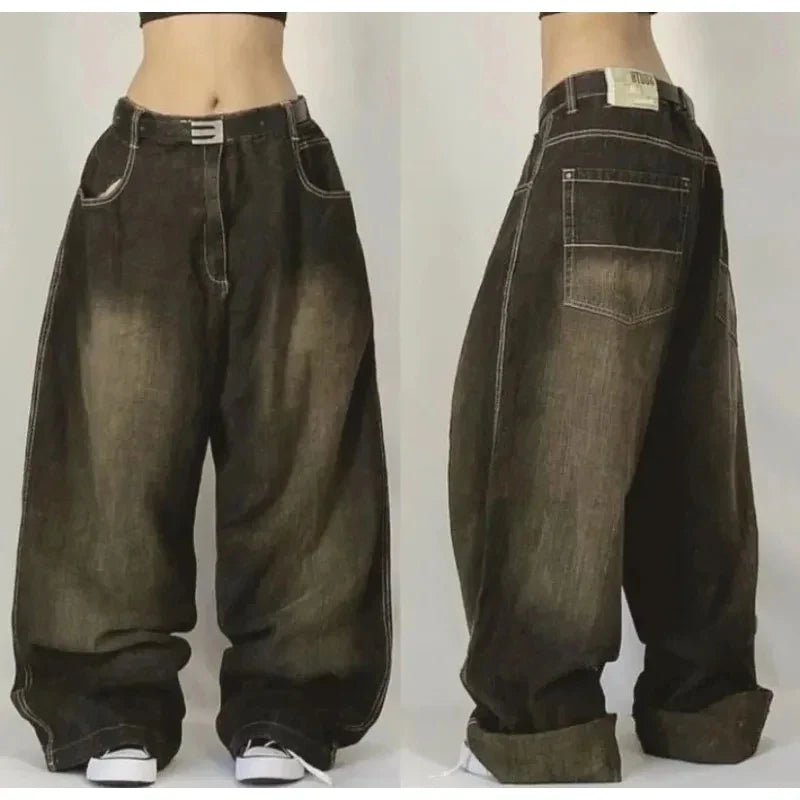 Street Vintage New Fashion Washed Old Black Baggy Jeans Men Y2K Harajuku Hip Hop Pop Gothic Leisure High Waist Wide Leg Trousers