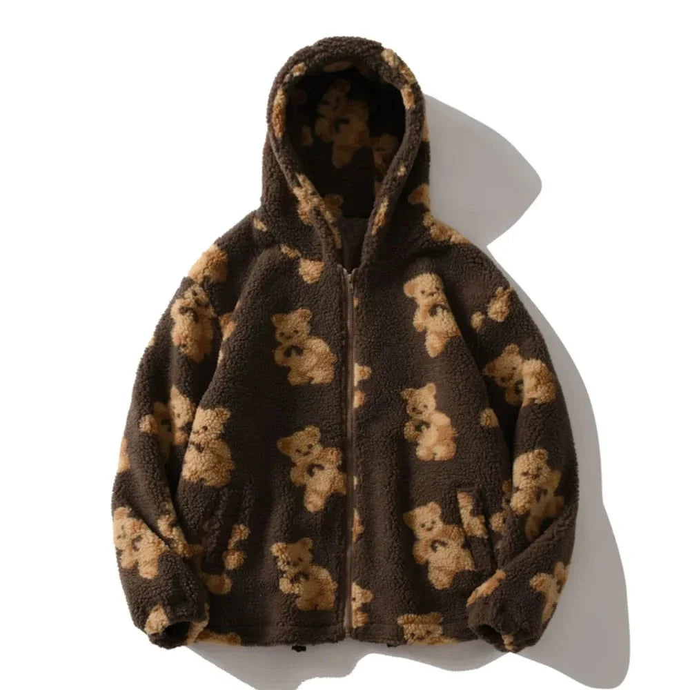 Fleece Hooded Jackets Streetwear Casual Harajuku Hip Hop Men Women Fashion Bear Print Full Zip Hooded Coat Tops Outwear