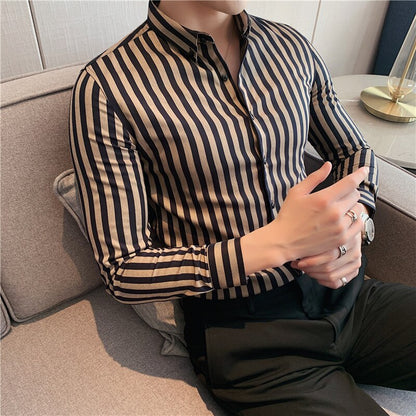 Masculina Spring Shirts Men Dress Vertical Stripe Streetwear Slim Men Shirt Casual Long Sleeve Chemise Homme Tuxedo Shirt