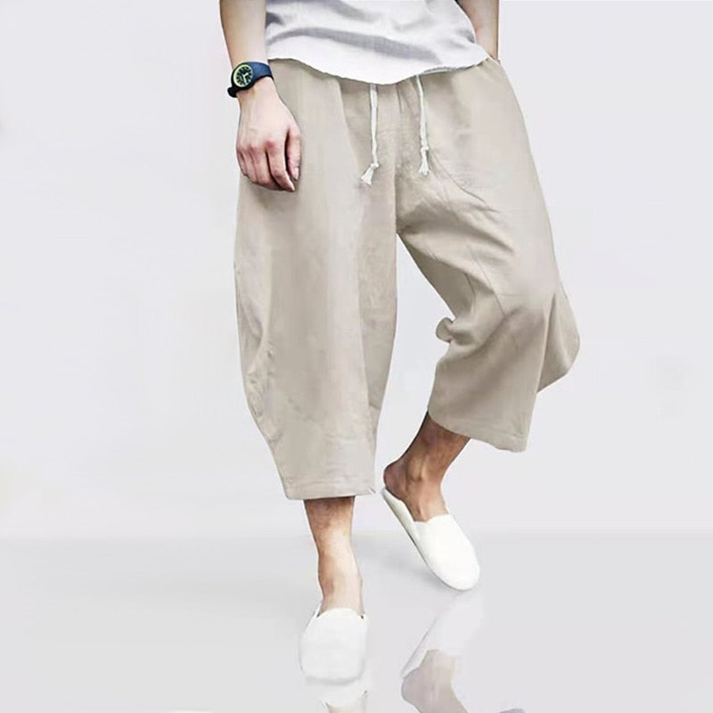 HOUZHOU Cotton Linens Pants for Men Oversize Harem Cropped Trousers Male Summer Casual Beach Japanese Streetwear Hip Hop