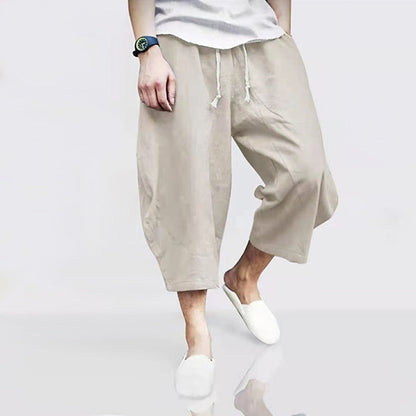 HOUZHOU Cotton Linens Pants for Men Oversize Harem Cropped Trousers Male Summer Casual Beach Japanese Streetwear Hip Hop