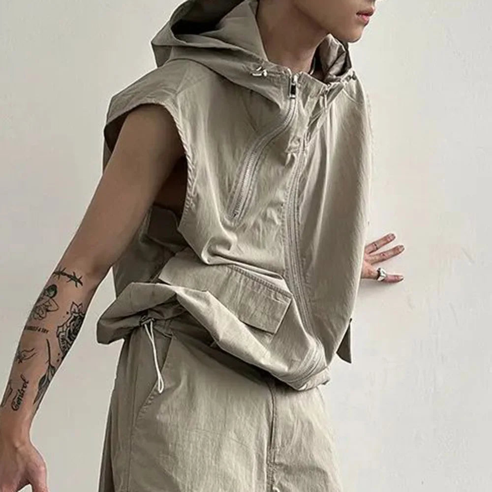 saferido Men Cargo Hooded Vest Summer Zipper Sleeveless Tops Male Korean Streetwear Hip Hop Unisex Hoodie Coat Fashion Waistcoat Jacket