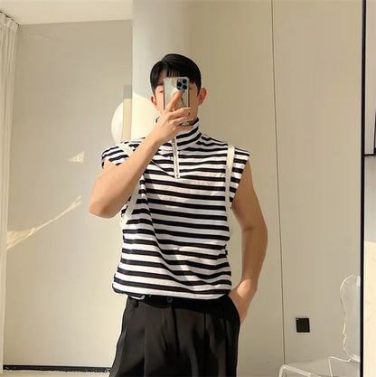 saferido Fashion Korean Summer Casual Men's Turtleneck Striped Vest New Loose Top Personality Half Zipper Sleeveless T-shirt Trend