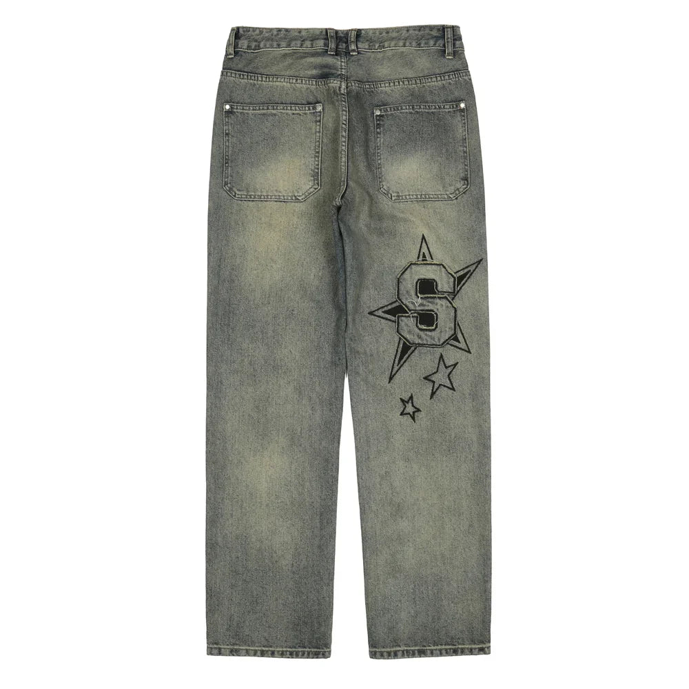 saferido Street Jeans Men Vintage Distressed Letter Graphic Summer Hip Hop Fit Punk Streetwear Vaqueros Trousers Casual Y2k Denim Pants