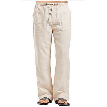 Men's Cotton Linen Pants Summer Solid Color Breathable Linen Trousers Male Casual Elastic Waist Fitness Pants