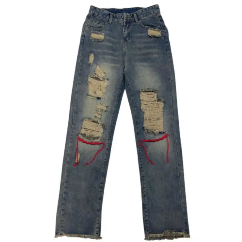 saferido Korean Style Ins Hip-Hop Trendy Distressed Red Rope Vintage Jeans Washed And Worn Long Straight Leg Pants