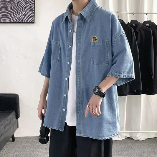 saferido Turn-down Collar Loose Man Shirts Handsome Short Sleeve Button Pockets Solid Korean Fashion Casual Spring Summer Men's Clothing