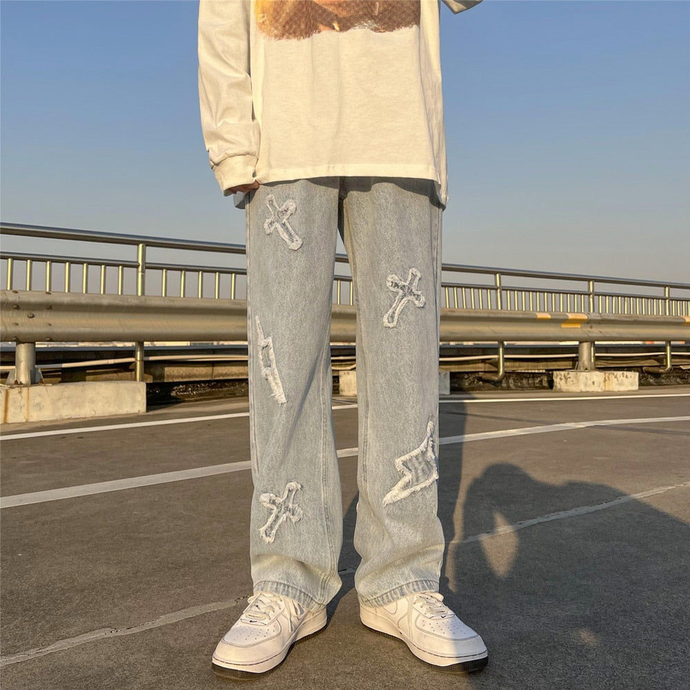 New Men's jeans Neutral Wide Leg Denim Trousers Loose Straight Luxury Jeans Youth Street Casual Cross Embroidery Hip hop Pants