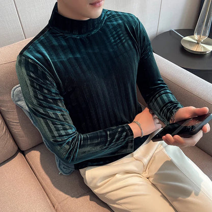 saferido  Brand Clothing Men Spring High Quality Slim Long Sleeve T-shirt/Male High Collar Warm Striped Bottom Shirt Fashion T-shirts