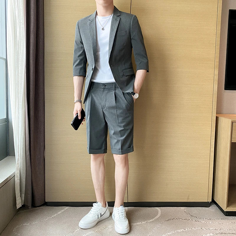 saferido Men Clothing Shorts Jacket Summer Thin High End Suit Men's Korean British Fashion Casual Mens Short Sets Sleeve Blazers M-3XL pants