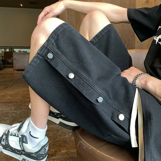 saferido Summer Men Side Button Shorts Denim Jorts Baggy Harajuku Short Jeans Pants Streetwear Y2k Oversize Korean Fashion Vintage Shorts