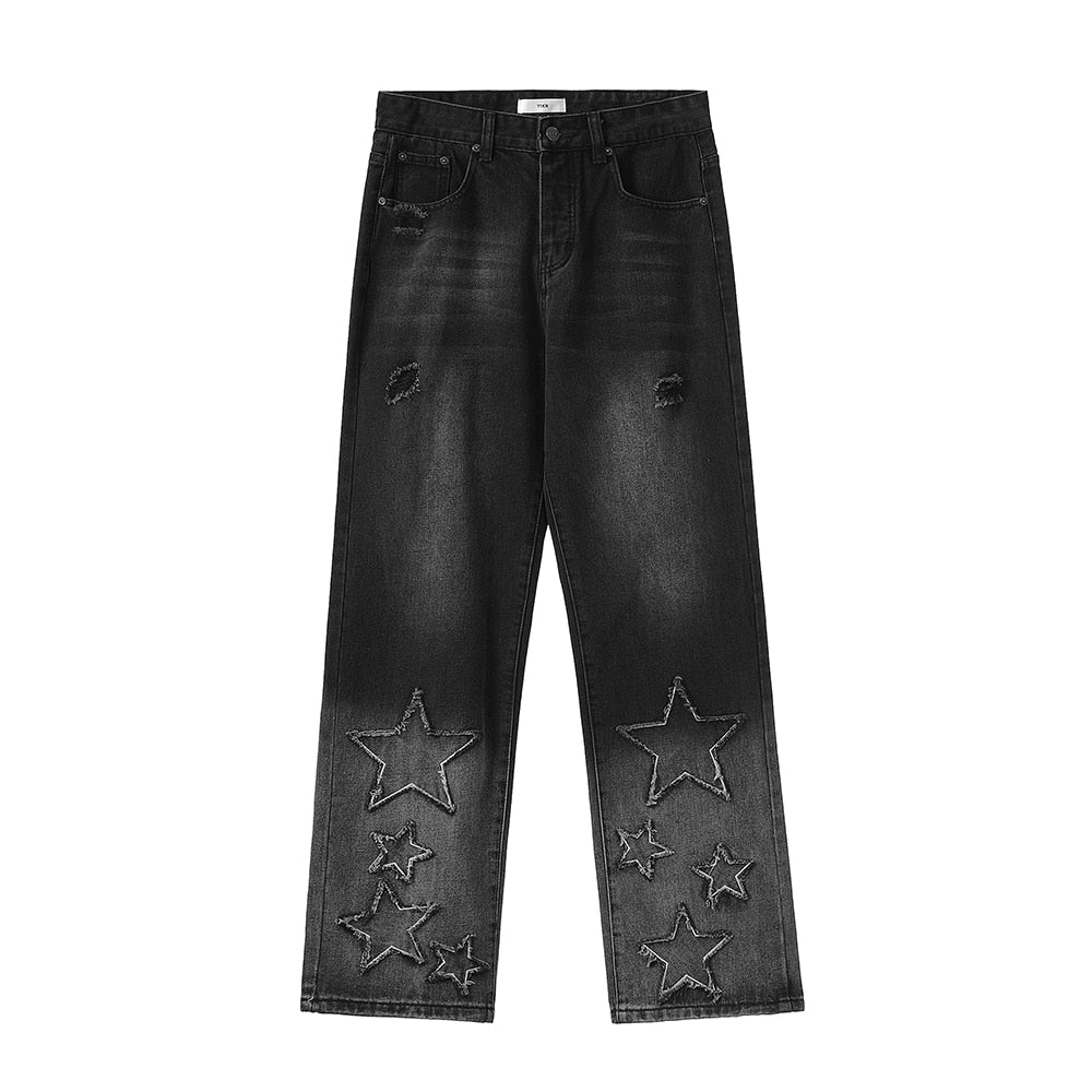 Gradient Color Stars Embroidery Washed Men's and Women's Jeans Straight Loose Casual Y2K Denim Trouses Oversized Cargo Pants