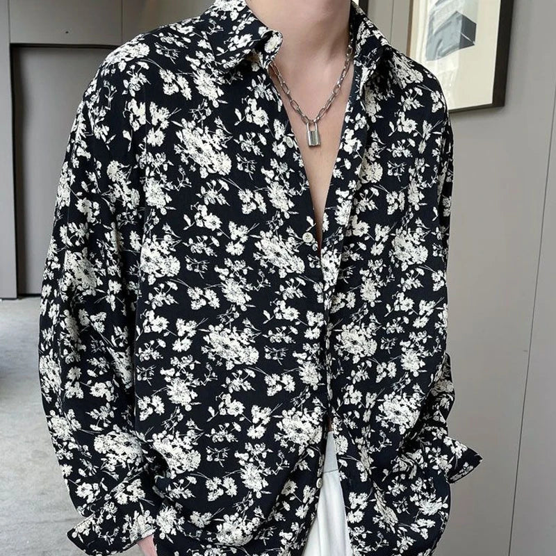 Printing Shirts Floral  Loose Temperament Fashionable Button Man Spring Summer Turn-down Collar Handsome Men's Clothing