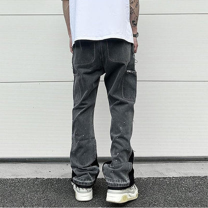 Graffiti Black Flared Denim Pants with Patches Hip Hop Splashed Ink Wide Leg Jeans Trousers Slim Fit Washed Jeans for Men