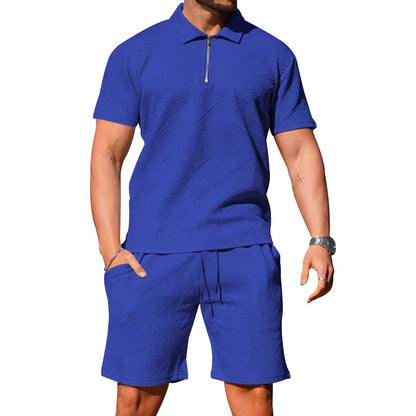 saferido  Spring/Summer New Men's Casual Short Sleeve Polo Neck T-shirt Texture Shorts POLO Shirt Two Piece Set