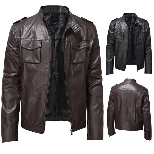 Autumn Business Men's Leather Jackets Motorcycle Bike Streetwear Clothing Men Stand Collar Pocket Zipper Overcoat Man