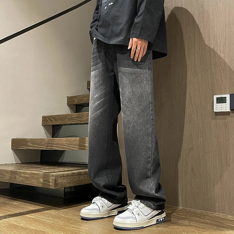 Summer Male High Street Gothic streetwear Gray Denim Pants Men Y2k 2000s Style Vintage Baggy Jeans Wide Leg Straight Trouser