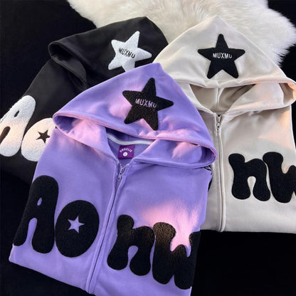 Y2K zip up hoodie Harajuku American-style retro High Street Embroidery stars Zipper hoodie women loose lazy style chic coat top