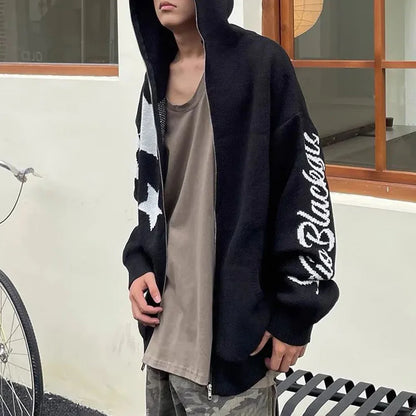 saferido Star Zipper Cardigan Men Hooded Knitted Sweater Y2K Streetwear Spring Fall American Loose Casual All-match Hooded Sweater Jacket