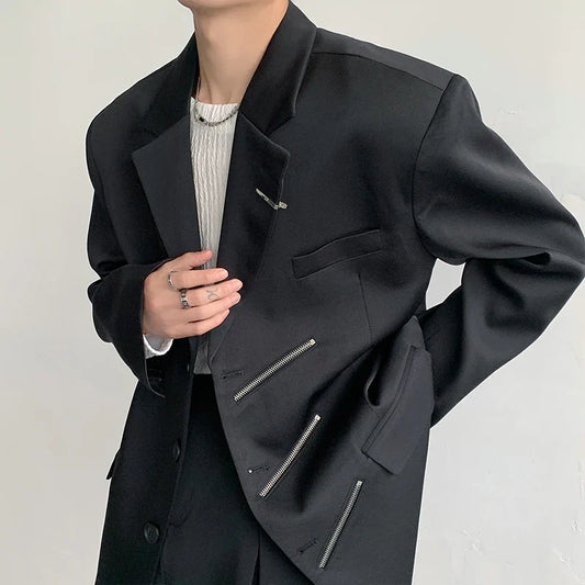 saferido Oversized Black Blazer Men High-end Fashion Leisure Suit Jackets Multi-zippers Male Streetwear Casual Korean All-match Suit