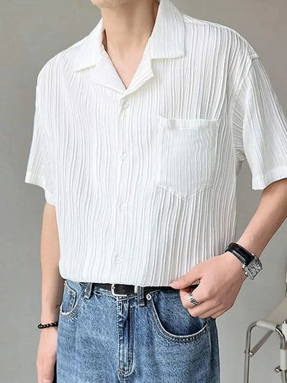 Men Shirt Folds Striped Lapel Short Sleeve Button Streetwear Korean Casual Shirts Summer Leisure Men Clothing S-5XL