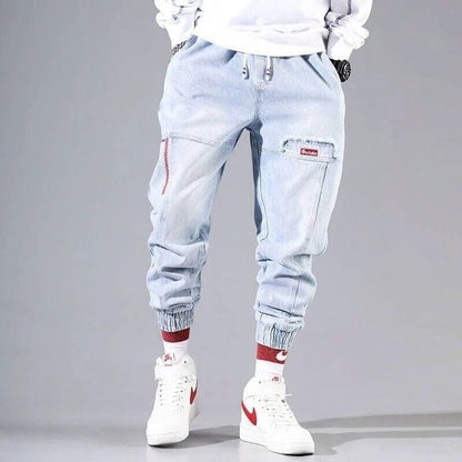 New Letter Print Jeans Men's Tide Loose Cartoon Graffiti Skinny Pants Ins Drawstring Pants Jogger Cargo Pants