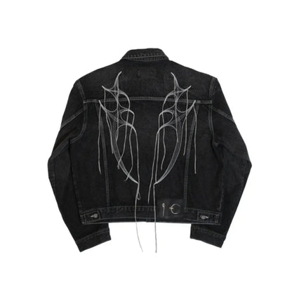 saferido Harajuku Wing Embroidery String Tassel Black Jeans Jacket for Men and Women Lapel Washed Casual Bomber Denim Coat Oversized