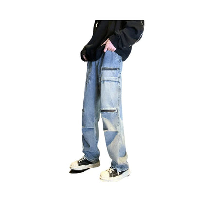 saferido American Vibe Pants Trendy High Street Zipper Pocket Work Clothes Jeans Men'S High-End Slim Straight Leg Pants