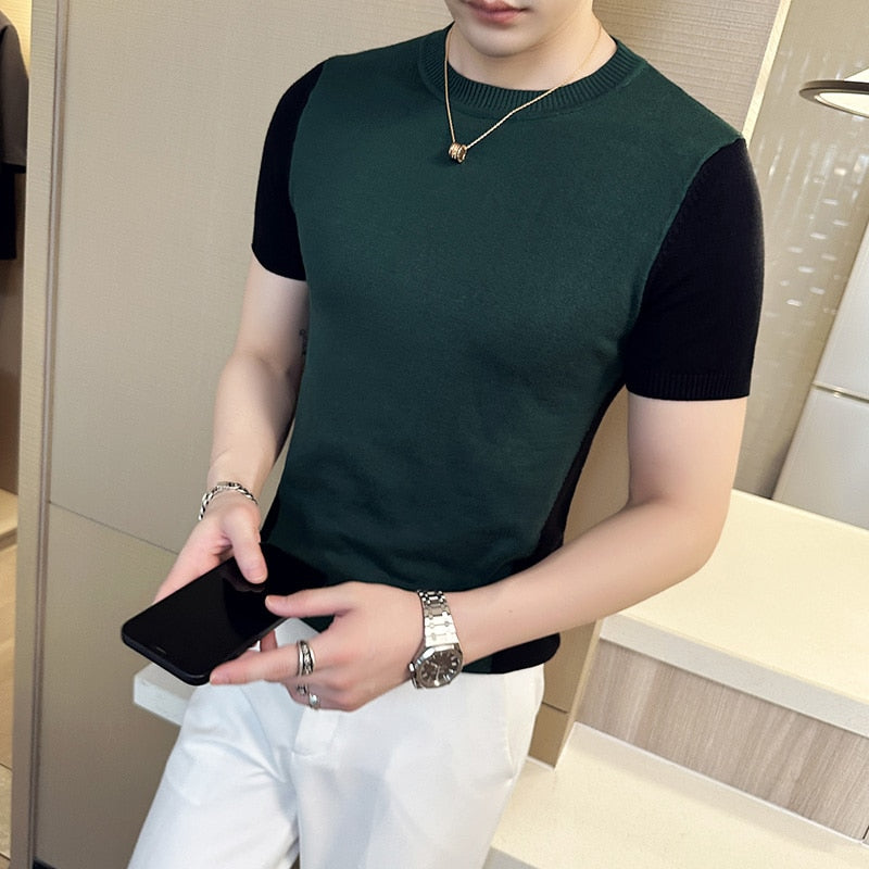 Summer New Men Short Sleeve Sweater Fashion Patchwork Color Round Collar Slim Fit Sweaters For Men Clothing Free Shipping