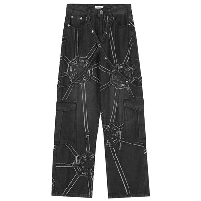 saferido Oversized Hip Hop Wide Leg Jeans Men Y2k Punk Graphic Straight-leg Loose Trousers Black Cool Rap High Street Baggy Denim Pants