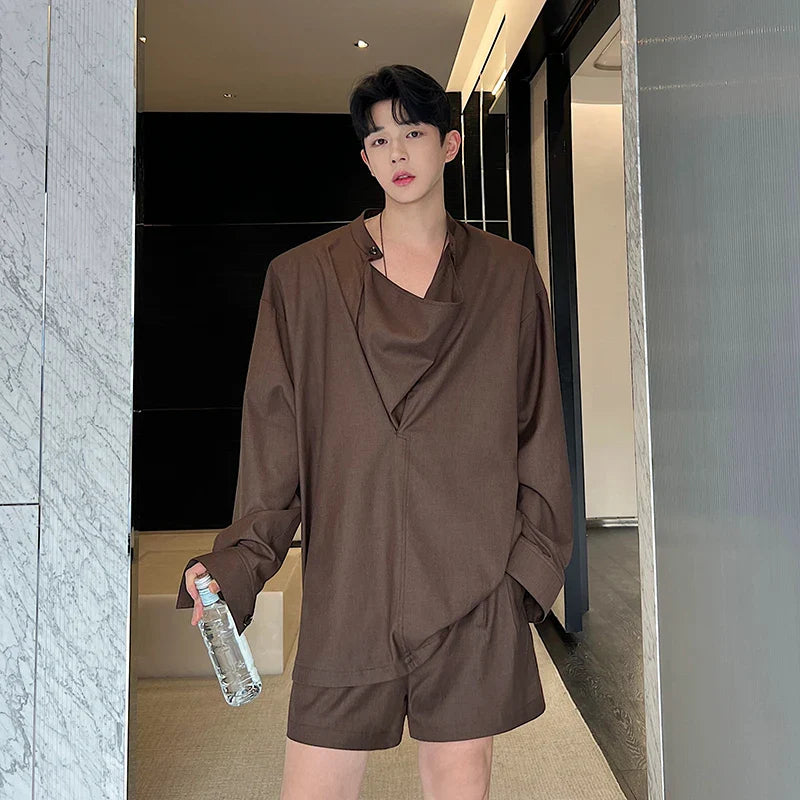 saferido Korea Fashion Spring Male Casual Casual Set Solid Color Personality Lapel Short Sleeve Men's Short Pants Top 2-piece set