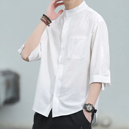 Men's Clothing New Solid Color Spring Summer Thin Fashion Casual Round Neck Loose Simplicity Handsome Button Pockets Shirts