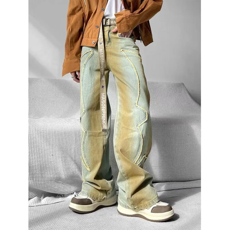 saferido Spring Autumn American High Street Retro Loose Wash To Do Old Jeans Men Women Vertical Slimming Pants Trend Jeans