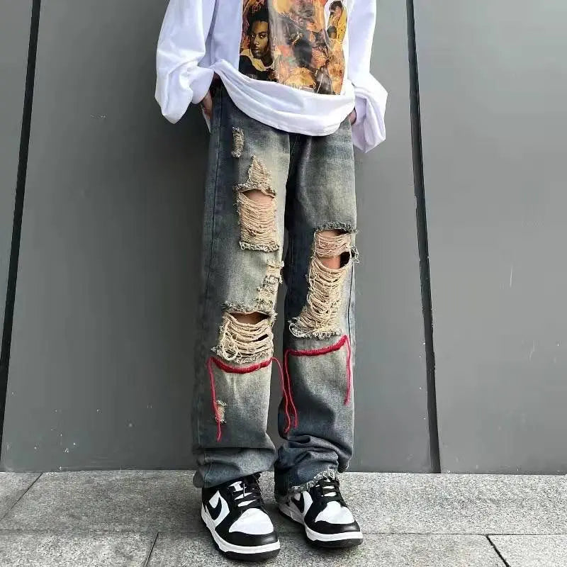 saferido Korean Style Ins Hip-Hop Trendy Distressed Red Rope Vintage Jeans Washed And Worn Long Straight Leg Pants