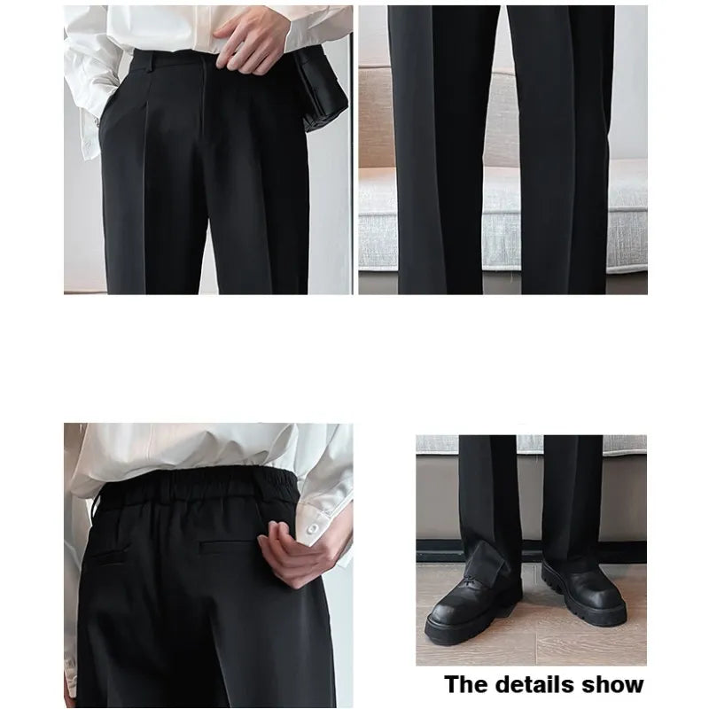 Spring Summer Men Casual Suit Pants Long Straight Draped Freedom Trousers Male Solid Stretch Waist Oversized Pants Black White