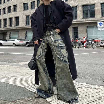 Streetwear Heavy Craft Washed Distressed Faded Jeans Flare Slim Straight Tassel Jeans for Men and Women Raw Edge Denim Pants