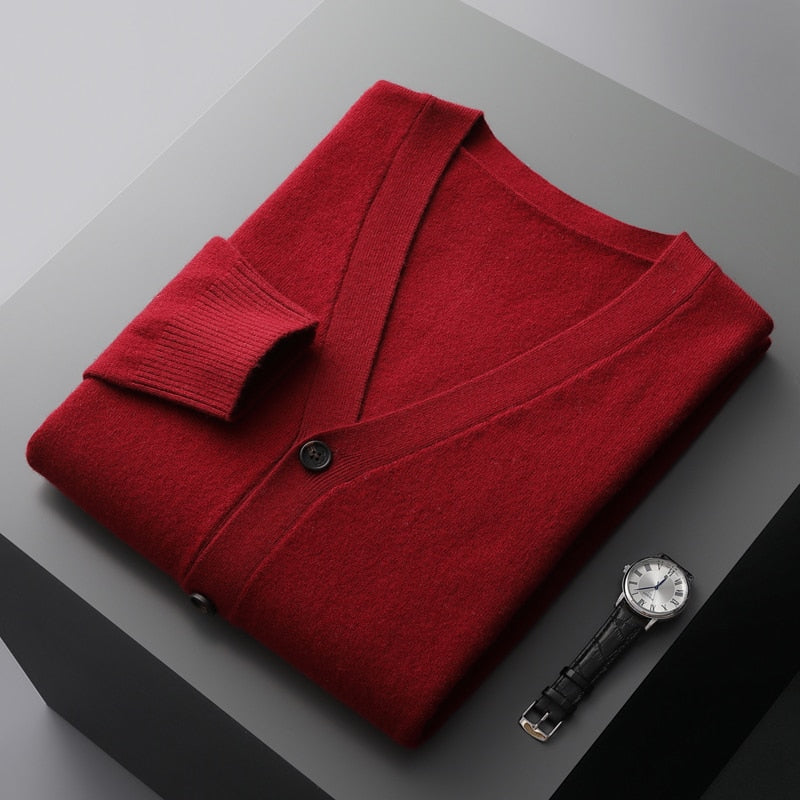 Men's Cardigan Spring and Autumn Basic Pure Wool Knitting Sweater Men Large Size Loose V-Neck Coat Pure Color Casual Jacket Top