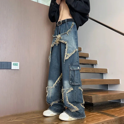 saferido Trendy Star-printed Men's Jeans Loose-fit Hip-hop Style Casual Trousers Wide-leg American Style Functional Working Pants