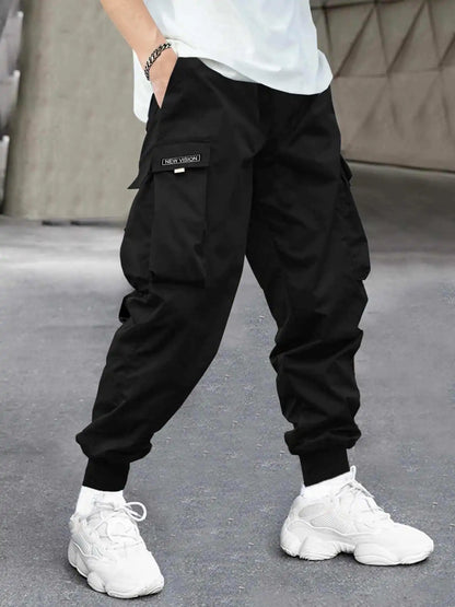 Men Flap Pocket Side Drawstring Waist Cargo Pants