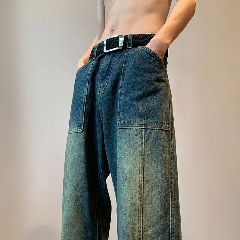 saferido Jeans for Men Low Rise Trousers Wide Leg Male Cowboy Pants with Pockets Straight Trend Plus Size 90s Streetwear Retro Kpop