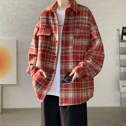 saferido Winter Short Woolen Coat Men Warm Oversized Retro Plaid Woolen Jacket Men Streetwear Korean Loose Thick Woolen Coat Mens Jackets