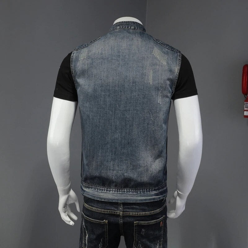 Mens Denim Vests Vintage Fashion Design Retor Sleeveless Jackets Men Streetwear Ripped Hole Punk Jean Waistcoats Clothing