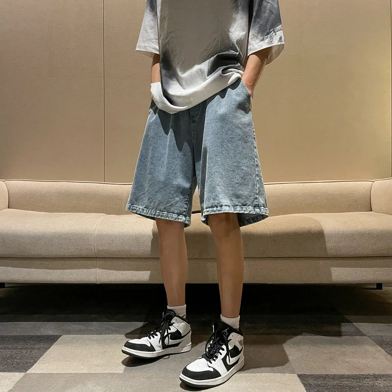 saferido Korean Style Summer Men's Black Wide Leg Denim Shorts 2023 New Fashion Casual Baggy Short Jeans Male Brand Clothes