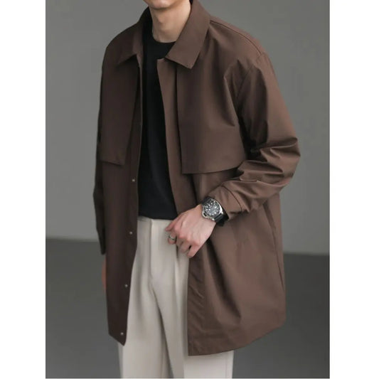 High-end Korean Fashion Mid-length Windbreaker Jacket Man Autumn New Loose Casual Lapel Men's Windbreaker Trench Coat Men