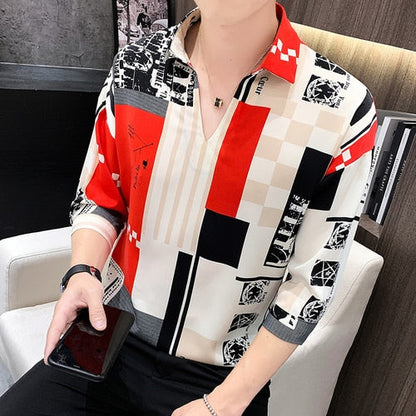 ngland Style Fashion Print Shirt Men Summer Men Three Quarter Sleeve Luxury Shirt Casual Loose Shirts