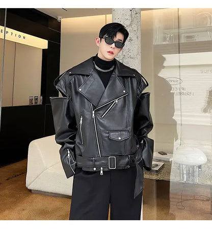 saferido Autumn Winter Wide Shoulder Zipper Leather Jacket Luxury Men Streetwear Loose Vintage Punk Motorcycle Jacket Korean Fashion Coat